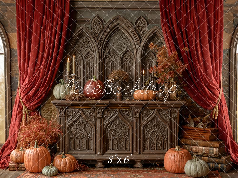 Kate Autumn Pumpkins Cabinet Red Curtains Backdrop Designed by Emetselch -UK