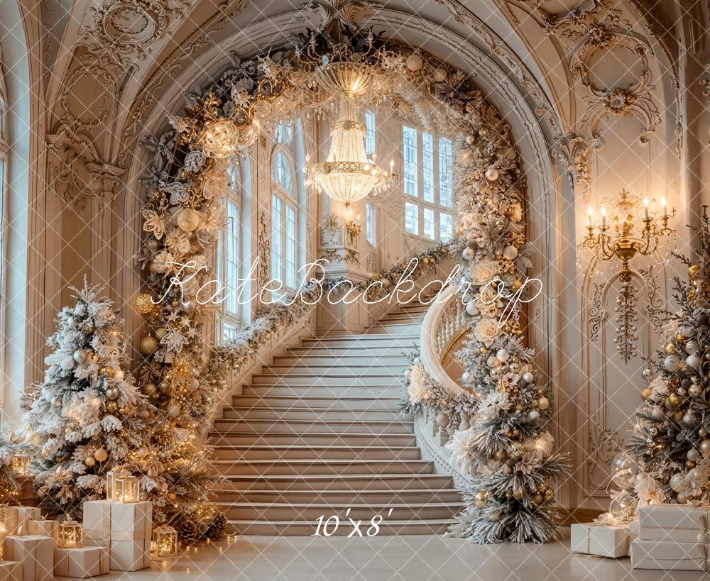 Kate Christmas Cascading Stairs Arch Fleece Backdrop Designed by Emetselch -UK