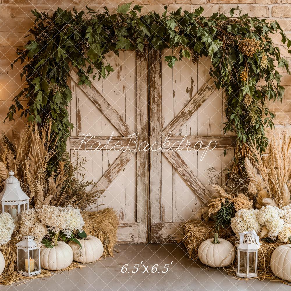 Kate Autumn Barn Door White Pumpkins Lanterns Backdrop Designed by Emetselch