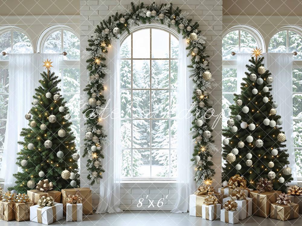 Kate Christmas Trees Arched Window Presents Backdrop Designed by Mini MakeBelieve -UK
