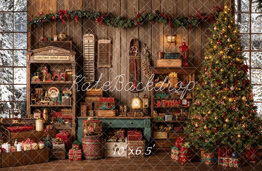Kate Christmas Tree Presents Toy Workshop Vintage Fleece Backdrop Designed by Emetselch -UK