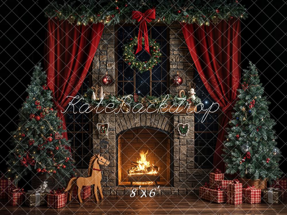 Kate Christmas Fireplace Dark Fleece Backdrop Designed by Emetselch