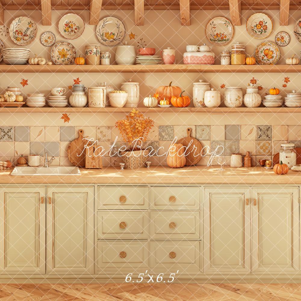 Kate Autumn Kitchen Shelves Pumpkins Backdrop Designed by Emetselch