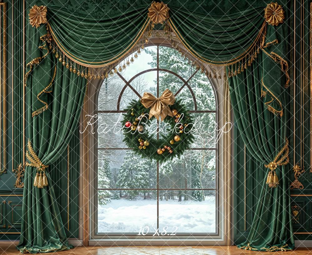 Kate Christmas Wreath Green Curtains Wall Backdrop Designed by Emetselch -UK