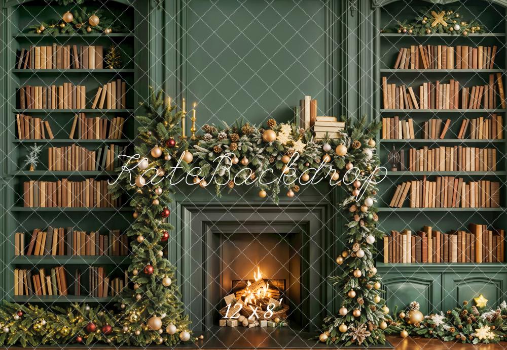 Kate Christmas Fireplace Bookshelves Green Fleece Backdrop Designed by Emetselch -UK