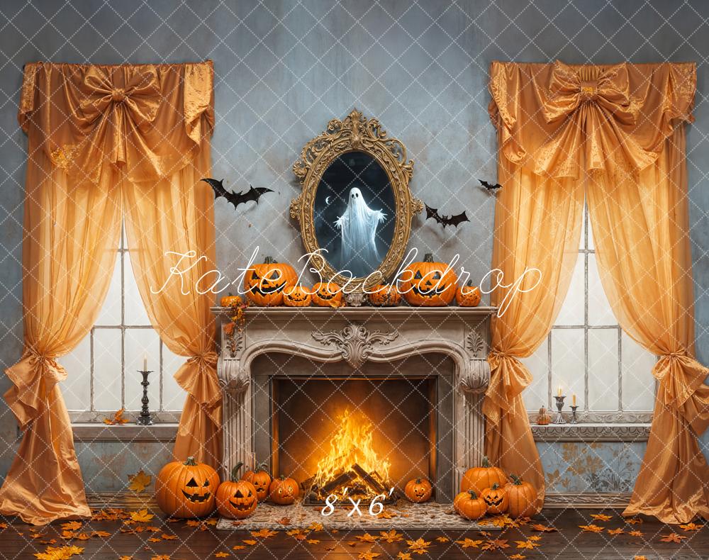 Kate Halloween Fireplace Ghost Pumpkins Bats Fleece Backdrop Designed by Emetselch -UK