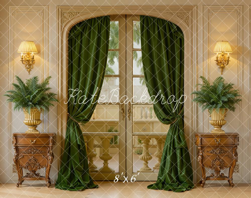 Kate Vintage French Doors Green Curtains Ferns Fleece Backdrop Designed by Emetselch -UK