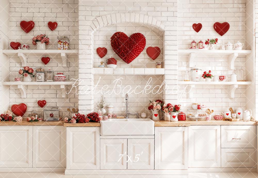 Kate Valentine Red Hearts White Kitchen Backdrop Designed by Emetselch