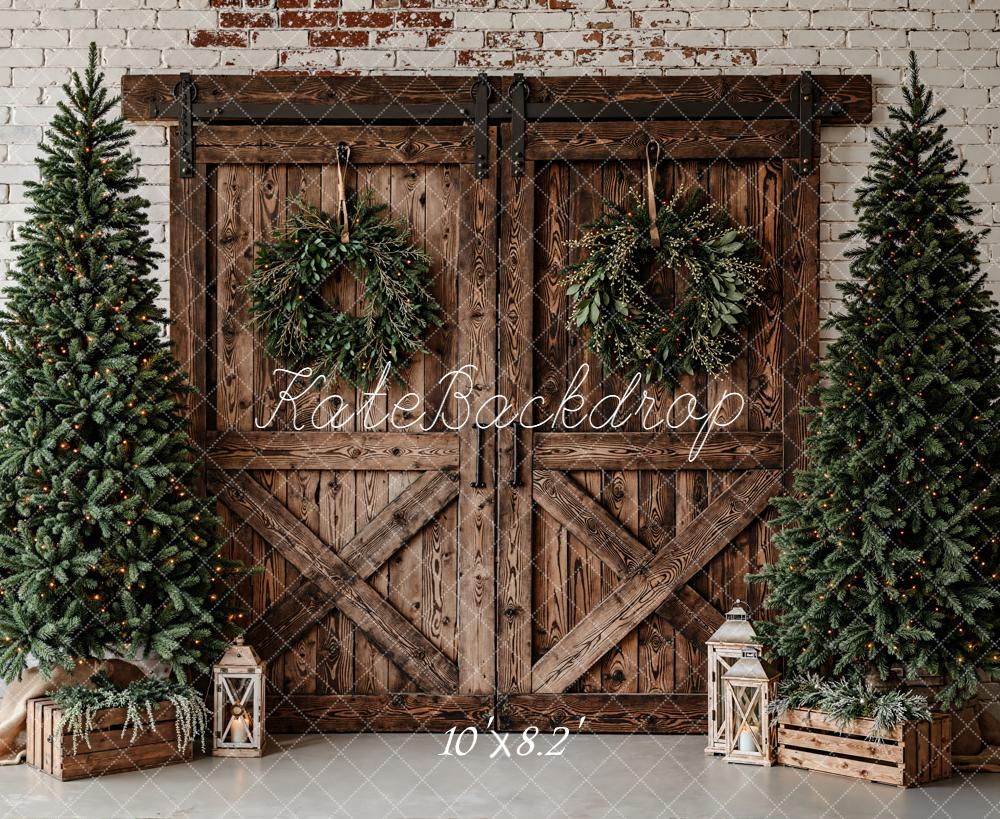 Kate Christmas Barn Door Wreath Trees Fleece Backdrop Designed by Emetselch -UK