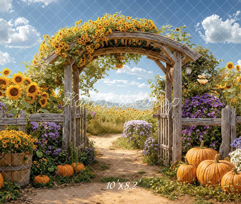 Kate Autumn Sunflower Arch Pumpkins Garden Fleece Backdrop Designed by Emetselch -UK