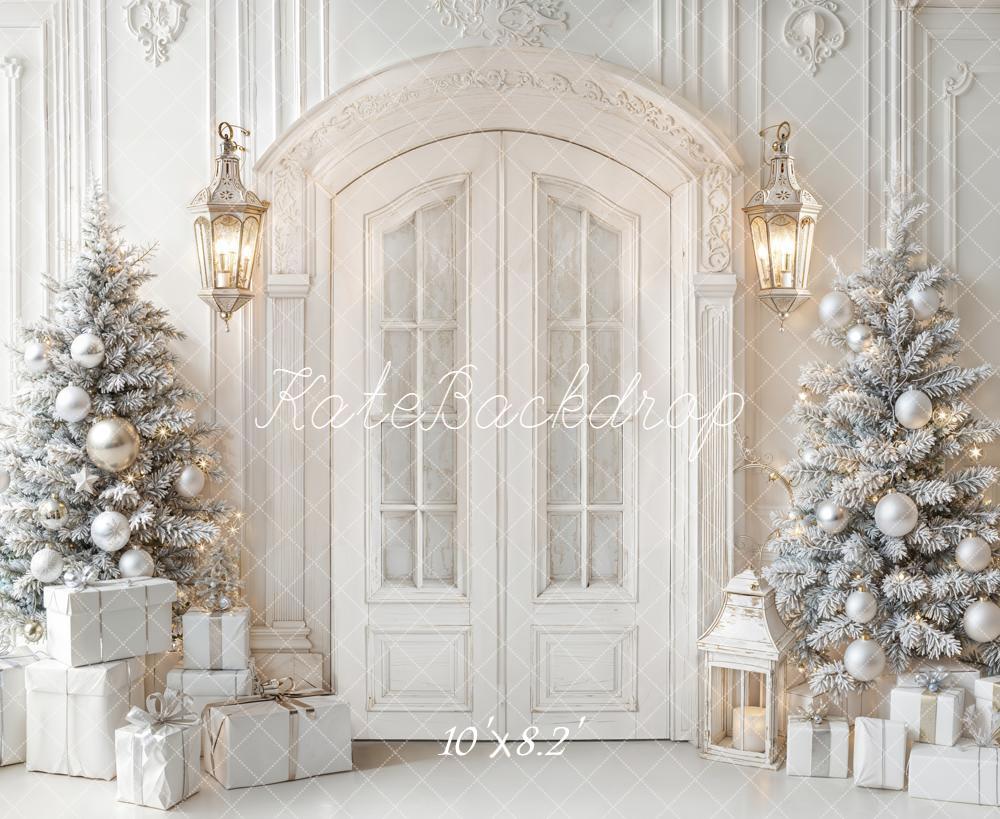 Kate Christmas Trees White Door Lanterns Fleece Backdrop Designed by Emetselch -UK