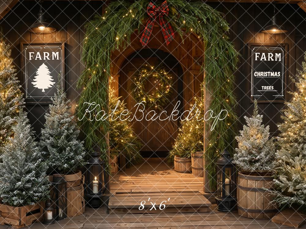 Kate Christmas Farmhouse Trees Entrance Fleece Backdrop Designed by Emetselch -UK