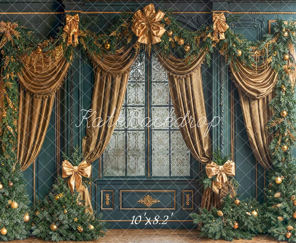 Kate Christmas Evergreen Trees Gold Drapes Backdrop Designed by Emetselch -UK