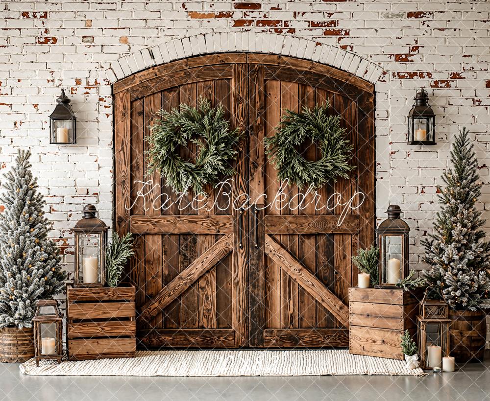 Kate Christmas Wooden Door Brick Wall Trees Backdrop Designed by Emetselch -UK