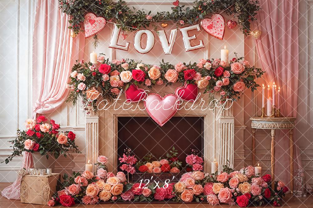 Kate Love Hearts Roses Fireplace Fleece Backdrop Designed by Emetselch -UK