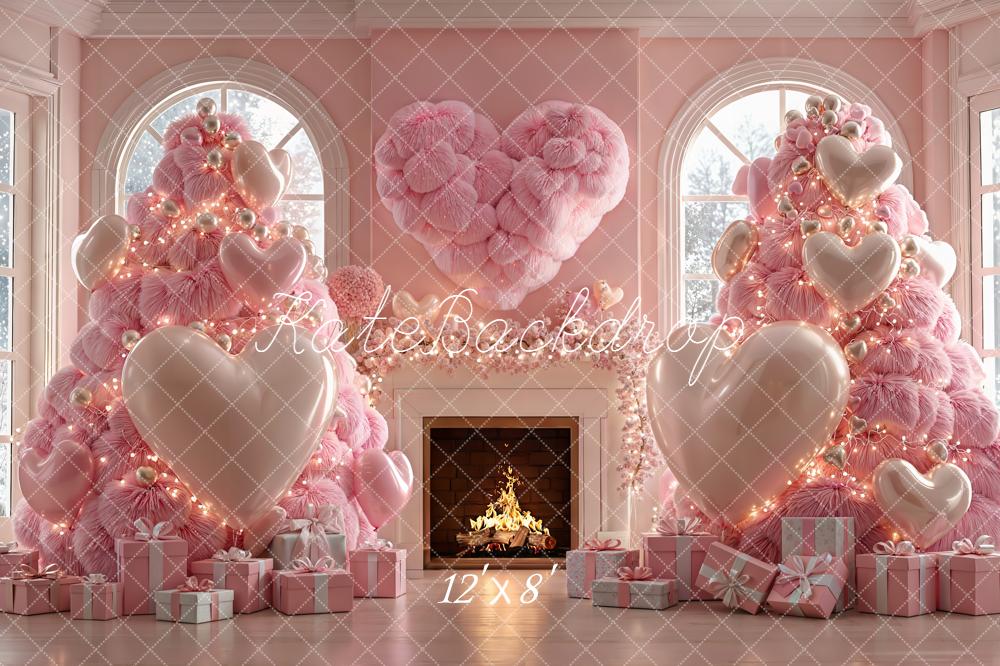 Kate Christmas Pink Trees Heart Presents Fleece Backdrop Designed by Emetselch -UK