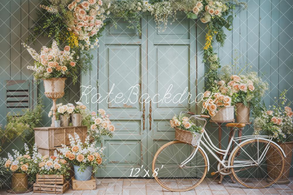 Kate Spring Floral Bicycle Pastel Green Door Backdrop Designed by Emetselch -UK