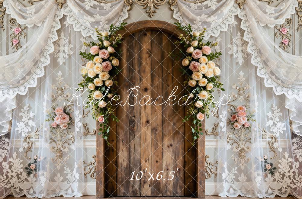 Kate Floral Arch Wooden Door Lace Curtains Backdrop Designed by Mini MakeBelieve -UK