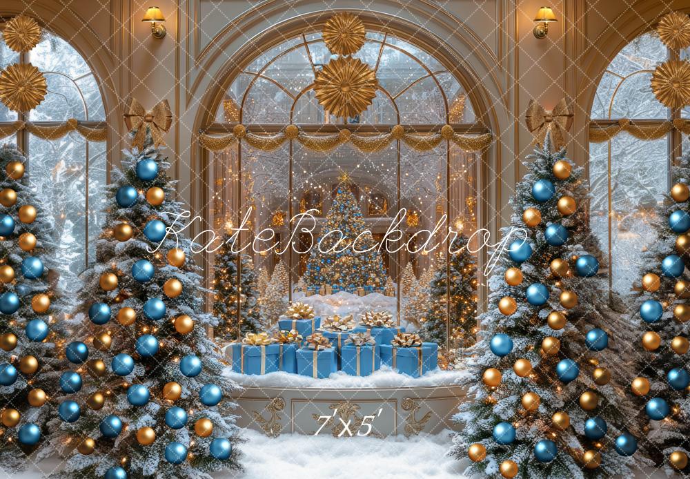 Kate Christmas Snowy Trees Presents Gold Backdrop Designed by Mini MakeBelieve -UK