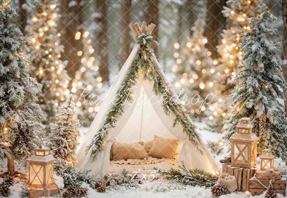 Kate Winter Teepee Snowy Trees Lanterns Backdrop Designed by Emetselch