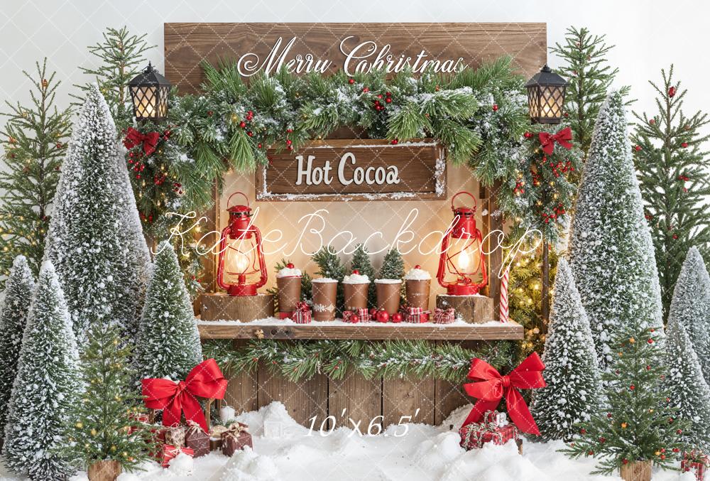 Kate Christmas Hot Cocoa Stand Snowy Trees Fleece Backdrop Designed by Emetselch -UK