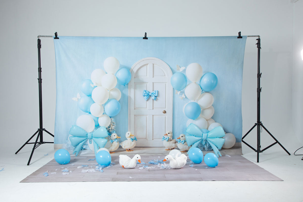 Kate Cake Smash Blue Balloon Ducks Door Backdrop Designed by Emetselch