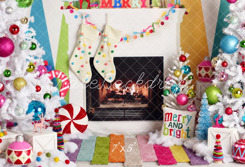 Kate Christmas Fireplace Bright Decorations Backdrop Designed by Mandy Ringe Photography