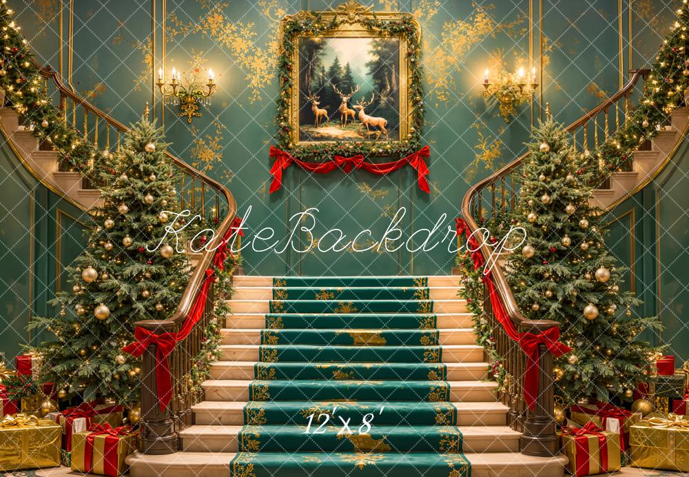 Kate Christmas Cascading Stairs Trees Fleece Backdrop Designed by Emetselch -UK
