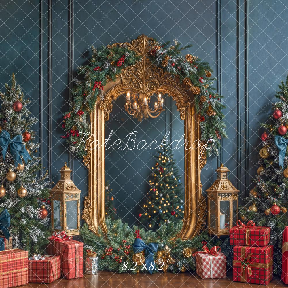 Kate Christmas Trees Gold Mirror Gifts Blue Backdrop Designed by Emetselch -UK