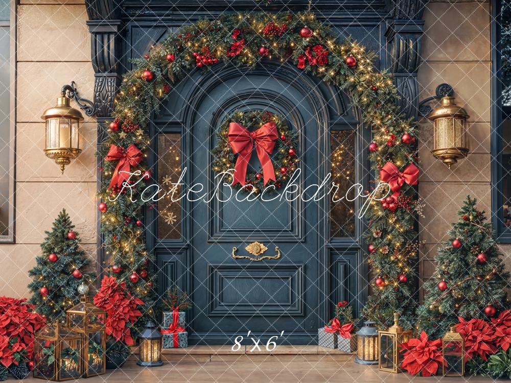 Kate Christmas Garland Wreath Red Bows Fleece Backdrop Designed by Emetselch -UK