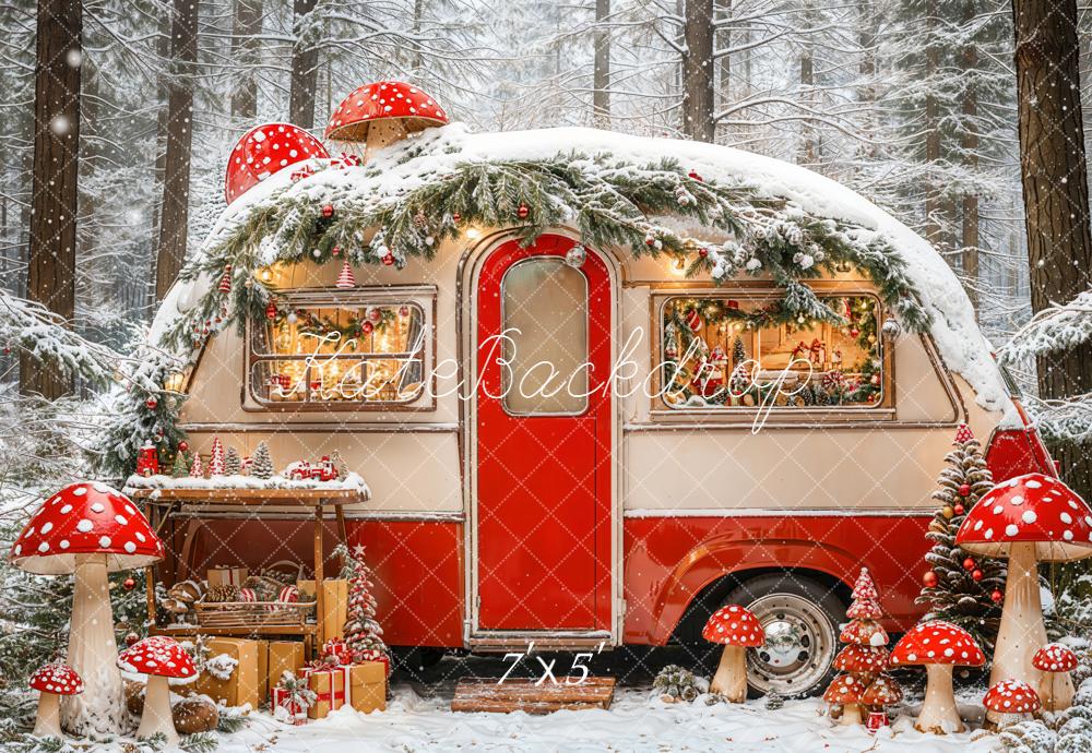 Kate Christmas Caravan Snowy Forest Mushrooms Backdrop Designed by Emetselch -UK