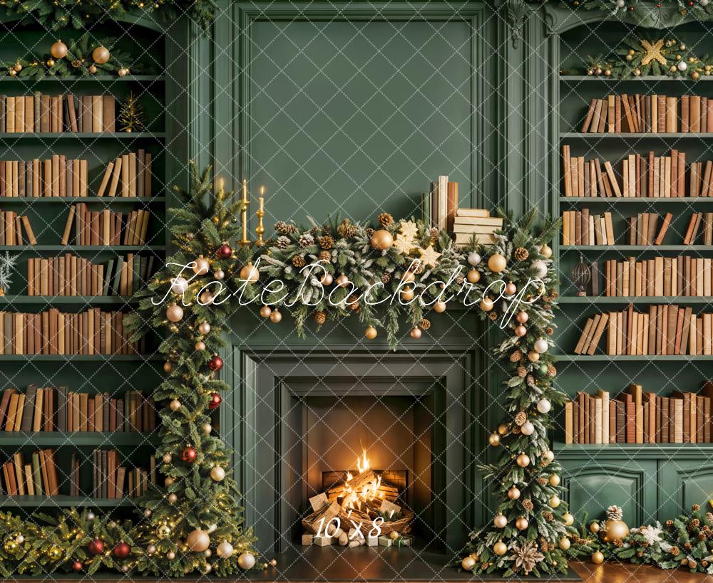 Kate Christmas Fireplace Bookshelves Green Fleece Backdrop Designed by Emetselch -UK