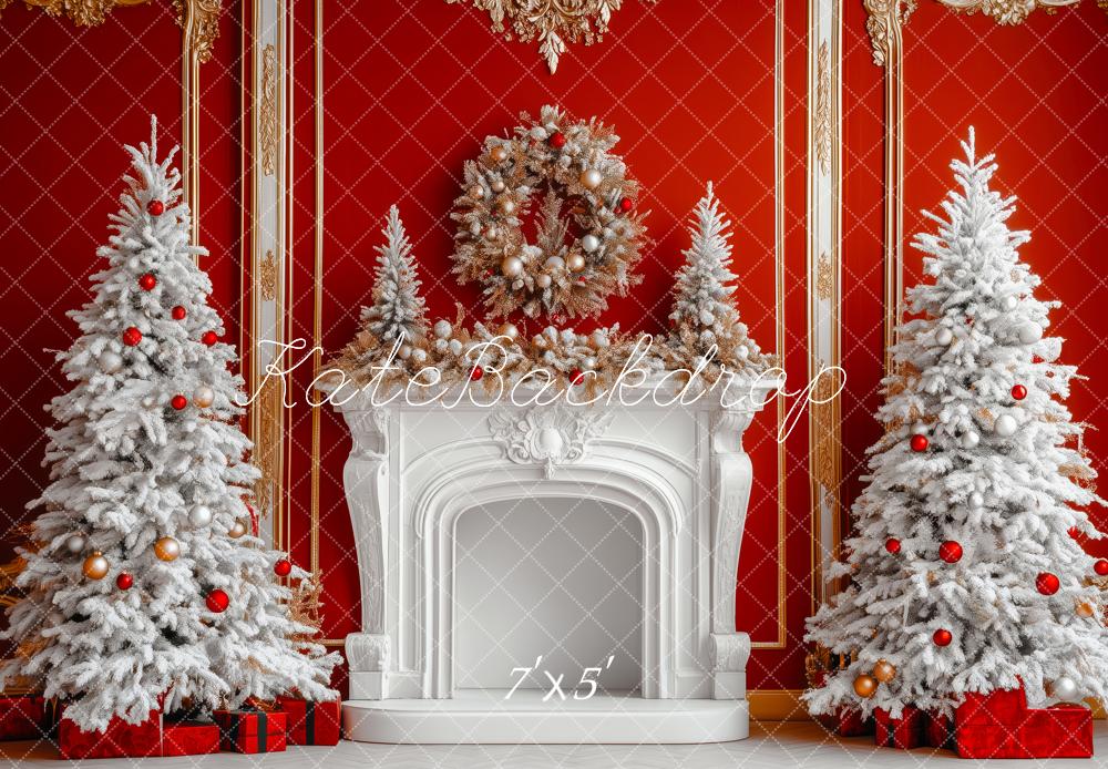 Kate Christmas Red Wall White Fireplace Trees Backdrop Designed by Patty Robert