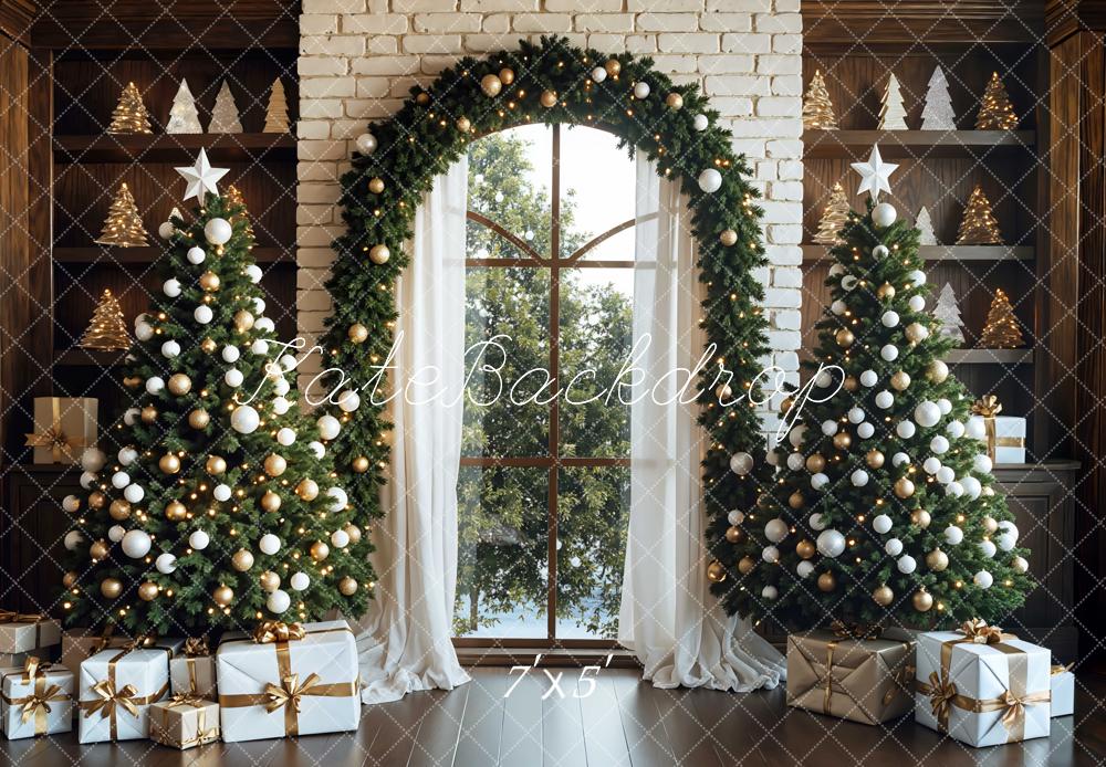 Kate Christmas Trees Garland White Brick Backdrop Designed by Mini MakeBelieve