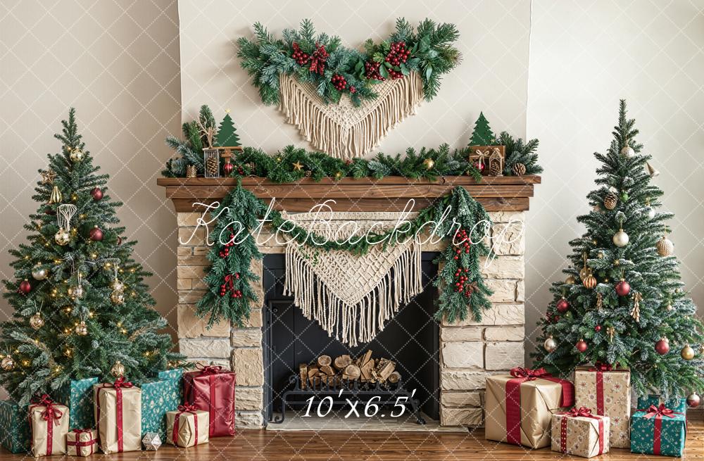 Kate Christmas Fireplace Garland Trees Presents Fleece Backdrop Designed by Emetselch -UK