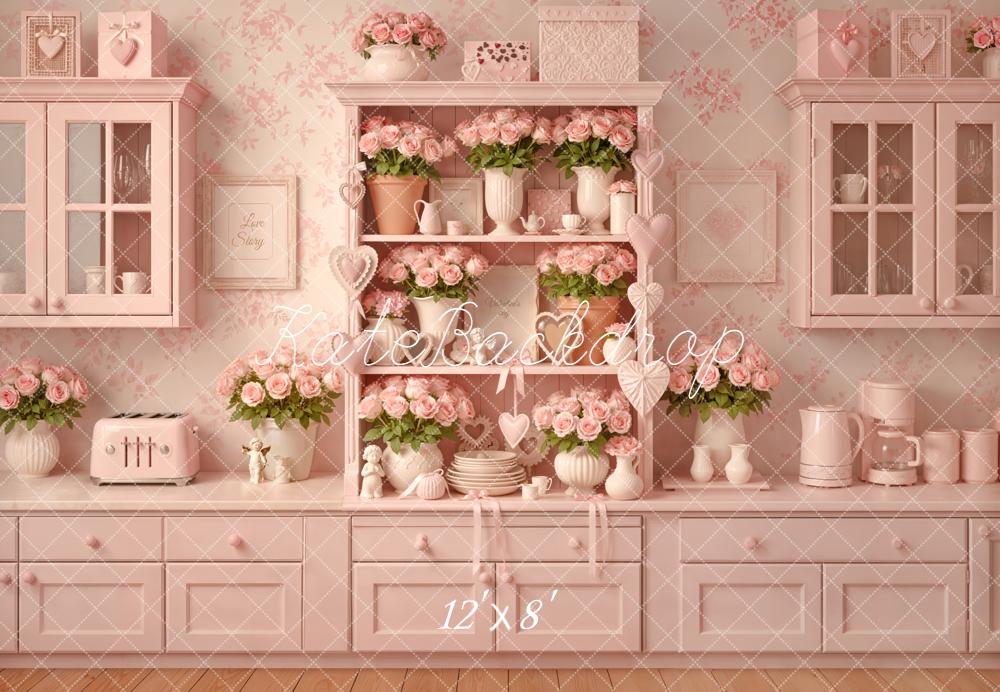Kate Pink Kitchen Floral Shelf Fleece Backdrop Designed by Emetselch