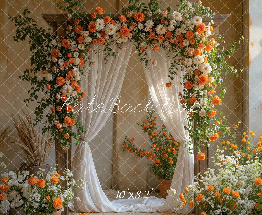 Kate Flower Arch Orange White Flowers Drapes Backdrop Designed by Mini MakeBelieve -UK