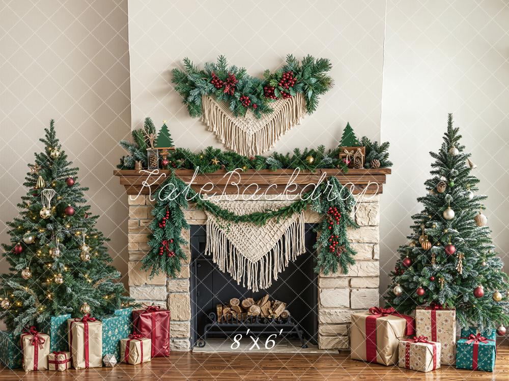 Kate Christmas Fireplace Garland Trees Presents Fleece Backdrop Designed by Emetselch -UK