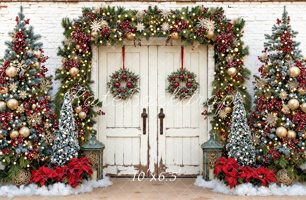 Kate Christmas Garland Trees White Door Fleece Backdrop Designed by Emetselch -UK