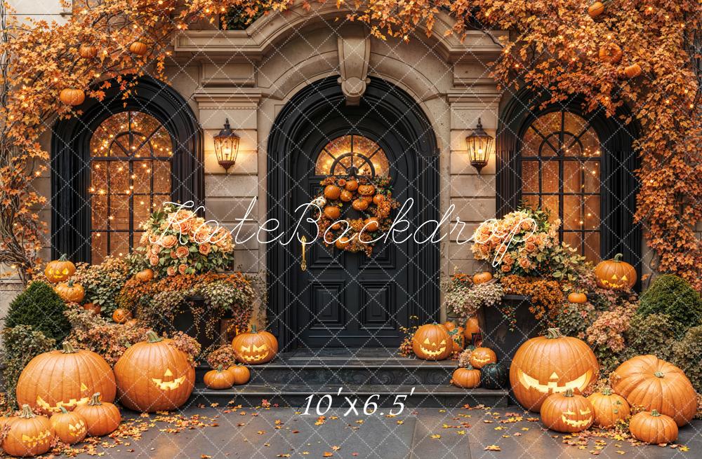 Kate Halloween Pumpkins Autumn Porch Fleece Backdrop Designed by Emetselch -UK