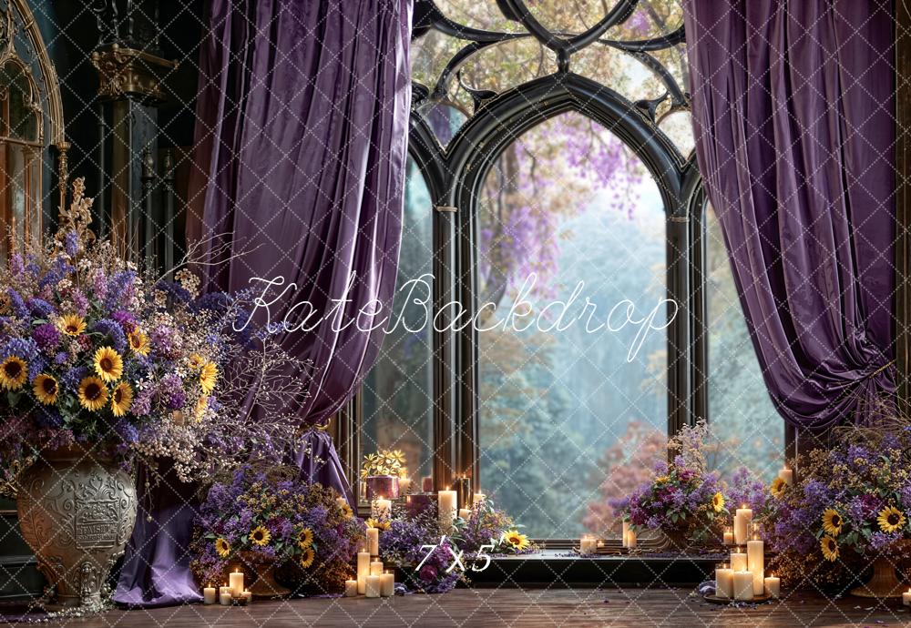 Kate Gothic Window Purple Drapes Floral Backdrop Designed by Emetselch -UK