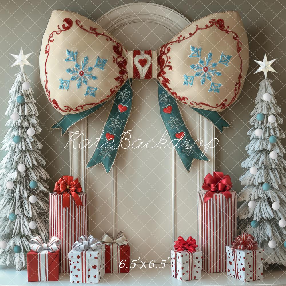 Kate Christmas Bow Frosted Trees Gifts Backdrop Designed by Mini MakeBelieve -UK
