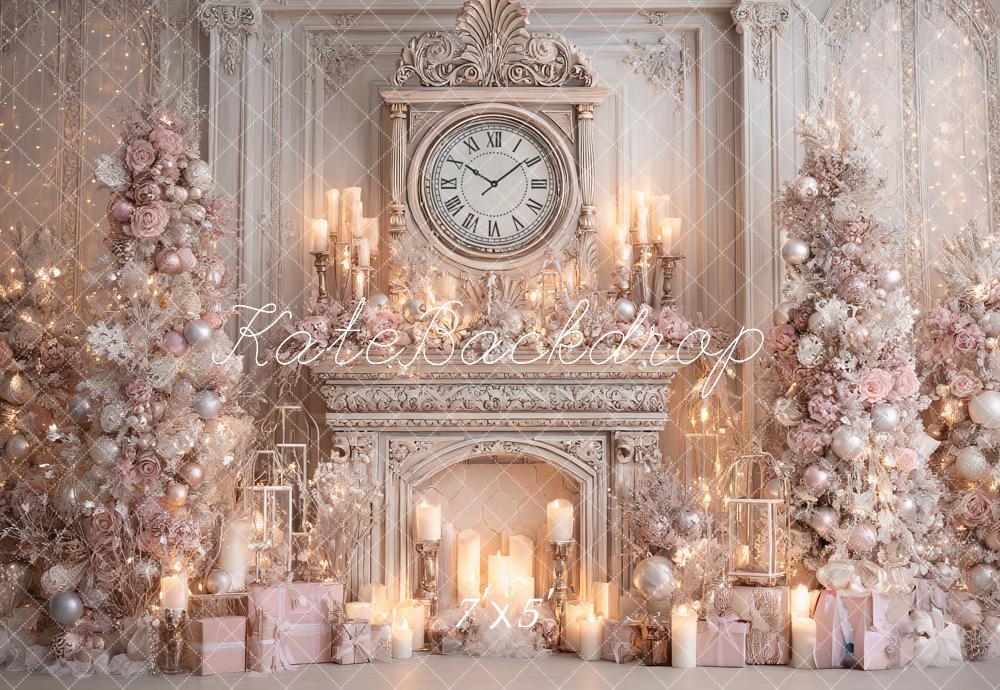 Kate Christmas Clock Fireplace Pink Trees Backdrop Designed by Ashley Paul