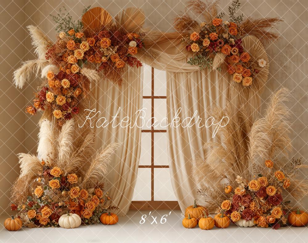 Kate Autumn Floral Arch Pumpkins Window Fleece Backdrop Designed by Emetselch -UK