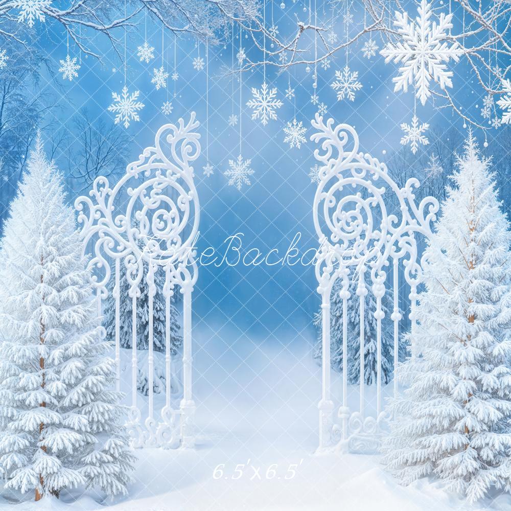 Kate Winter Snowy Trees Ornate Gate Blue Backdrop Designed by Emetselch -UK
