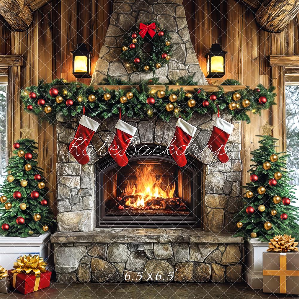 Kate Christmas Fireplace Garland Presents Backdrop Designed by Mini MakeBelieve