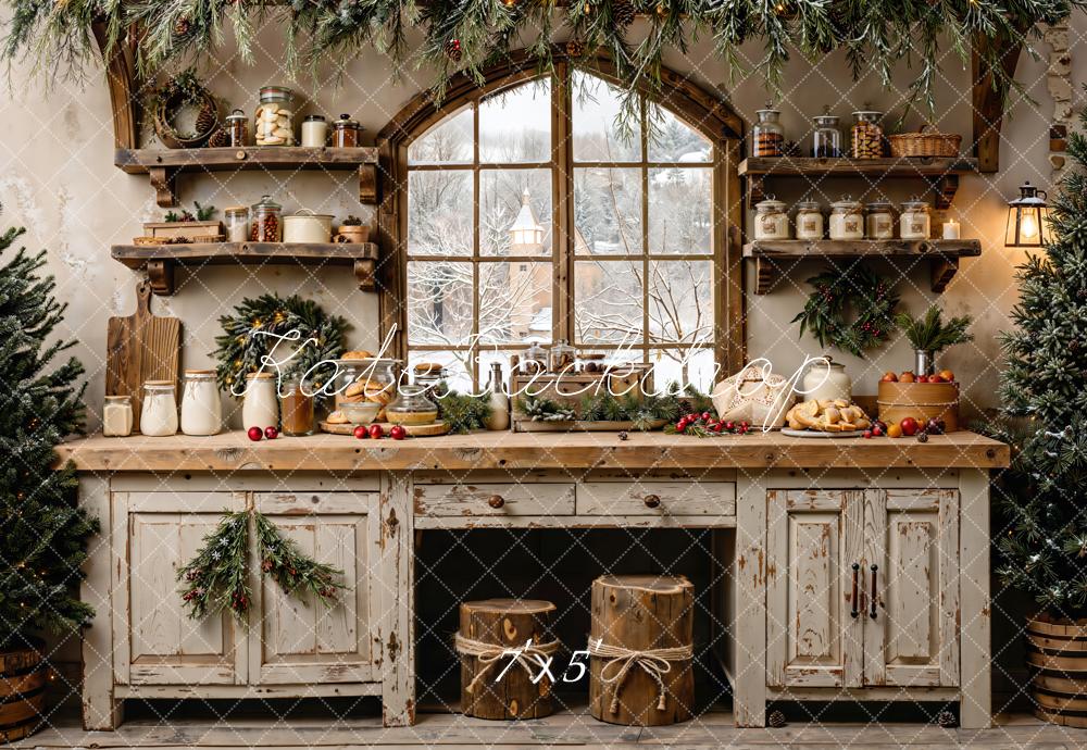 Kate Christmas Kitchen Rustic Window Garland Backdrop Designed by Emetselch -UK