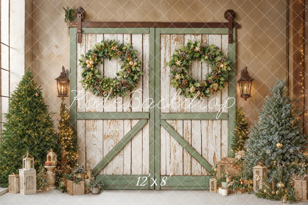 Kate Christmas Barn Door Wreath Trees Fleece Backdrop Designed by Emetselch