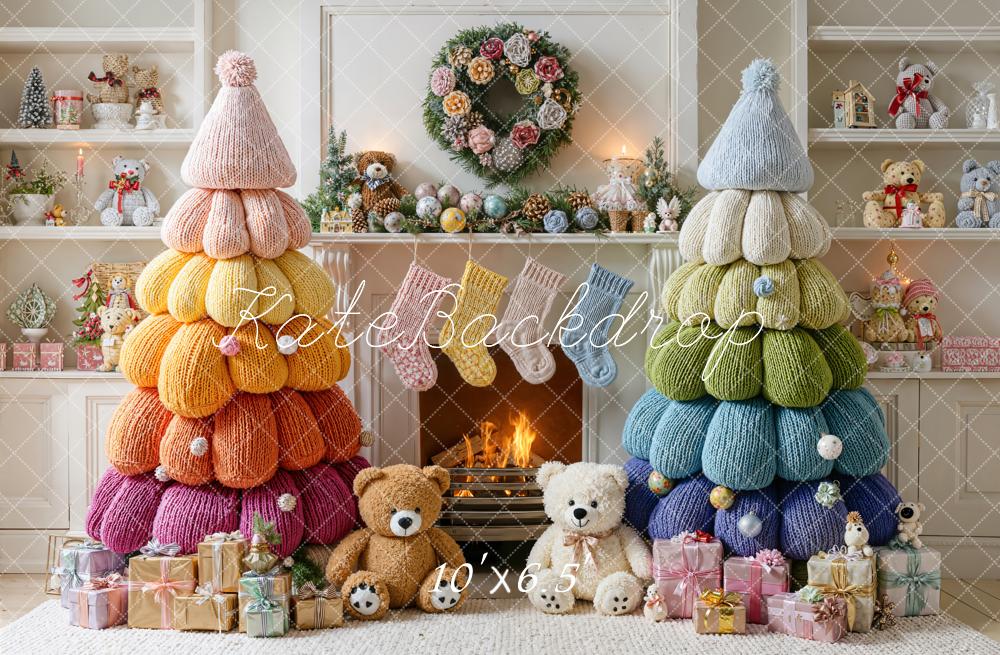 Kate Christmas Knitted Trees Fireplace Fleece Backdrop Designed by Emetselch