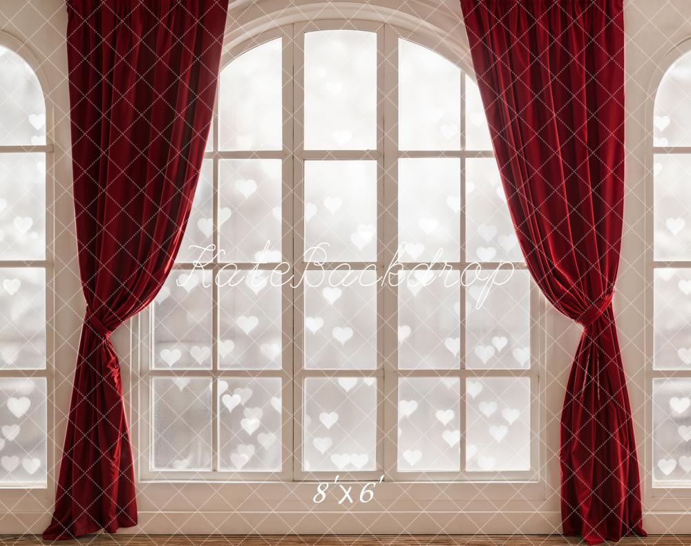 Kate Window Red Curtains Heart Pattern Fleece Backdrop Designed by Emetselch
